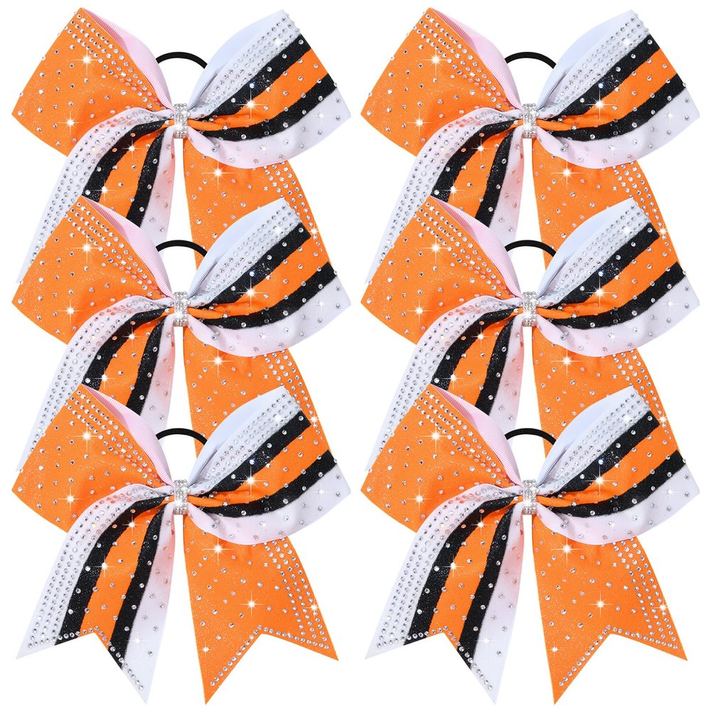 6PCS Glitter Cheer Bow Large Cheer Bows Rhinestones Hair Bows Girls 8"Cheerleading Bows Bulk Elastic Band Ponytail Holder for Teen Girls College Sports Competition