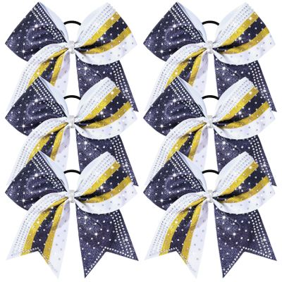 6PCS Glitter Cheer Bow Large Cheer Bows Rhinestones Hair Bows Girls 8"Cheerleading Bows Bulk Elastic Band Ponytail Holder for Teen Girls College Sports Competition