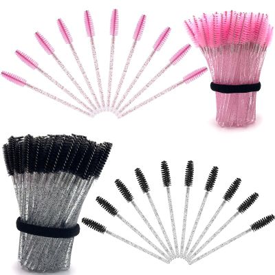 BIDEX 200 Pcs Disposable Mascara Wands, Spiral Lash Brush Applicators with Crystal Handles, Lash Spoolies for Eyelash & Eyebrow Makeup, Makeup Brush Tools in Black and Pink