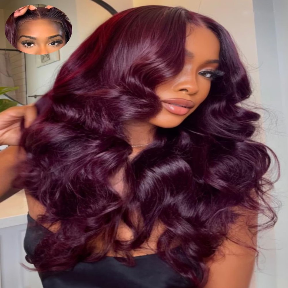 KLAIYI Black Cherry Loose Body Wave Pre Eeverything 13x4 Lace Frontal Wigs Human Hair Bye Bye Knots Glueless Ready to Wear and Go Wig with Face Framing Bangs Drawstring Pre Plucked Burgundy Wig 18Inch