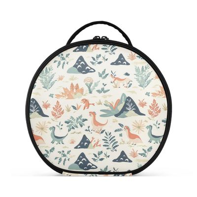 VEKELEE Cute Dinosaur and Plants Round Makeup Bag for Women, Travel Cosmetic Organizer Bag with Adjustable Dividers Portable Artist Makeup Bags for Cosmetics Jewelry Accessories
