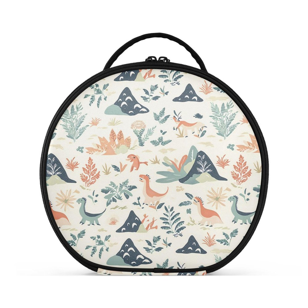 VEKELEE Cute Dinosaur and Plants Round Makeup Bag for Women, Travel Cosmetic Organizer Bag with Adjustable Dividers Portable Artist Makeup Bags for Cosmetics Jewelry Accessories