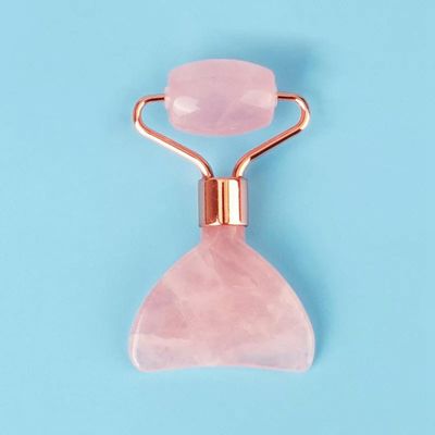 2 in 1 Natural Rose Quartz Crystal Facial Massager Roller + Gua Sha Scraper Tool