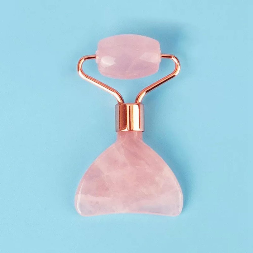 2 in 1 Natural Rose Quartz Crystal Facial Massager Roller + Gua Sha Scraper Tool