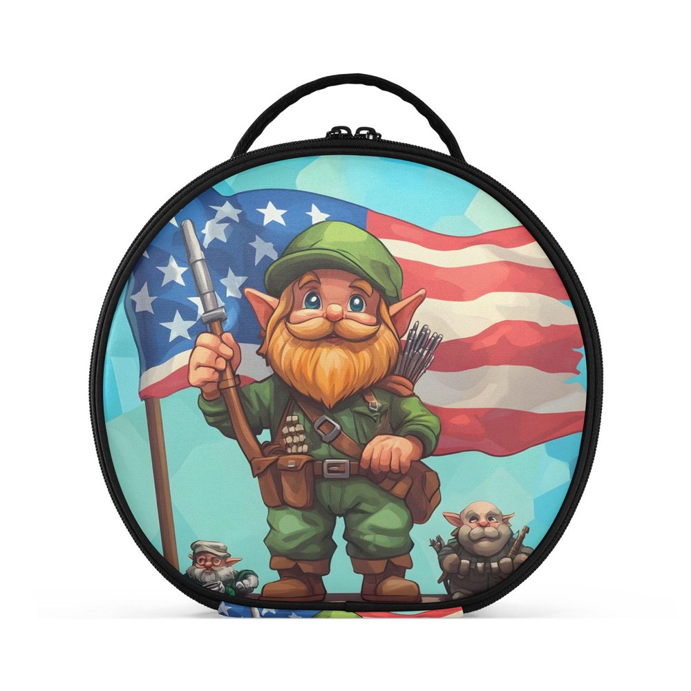 VEKELEE American Flag and Elf Round Makeup Bag for Women, Travel Cosmetic Organizer Bag with Adjustable Dividers Portable Artist Makeup Bags for Cosmetics Jewelry Accessories