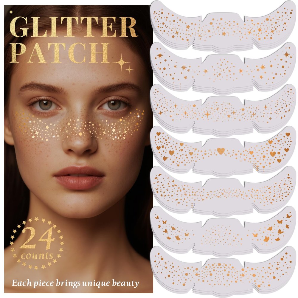 24pcs Glitter Freckles Makeup Patches-Gold-Face Speckle, Sparkle Speckles Patches for Women, Cute Golden Fake Freckles, Glitter Freckle Face Tattoo, Accessories for Musical Festival