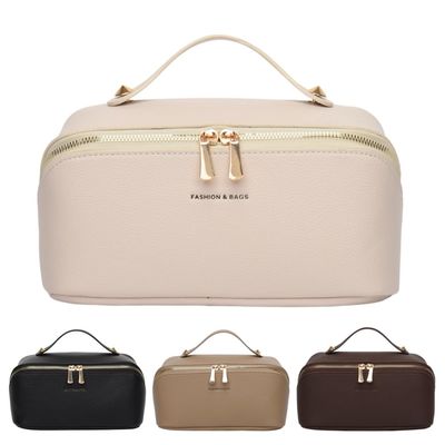 BIVIZKU Large Capacity Checkered Makeup Bags Portable Travel Cosmetic Bags Open-Flat Toiletry Bag for Women Girls Make Up Organizer with Divider Pouch Zipper Bag (C-White)