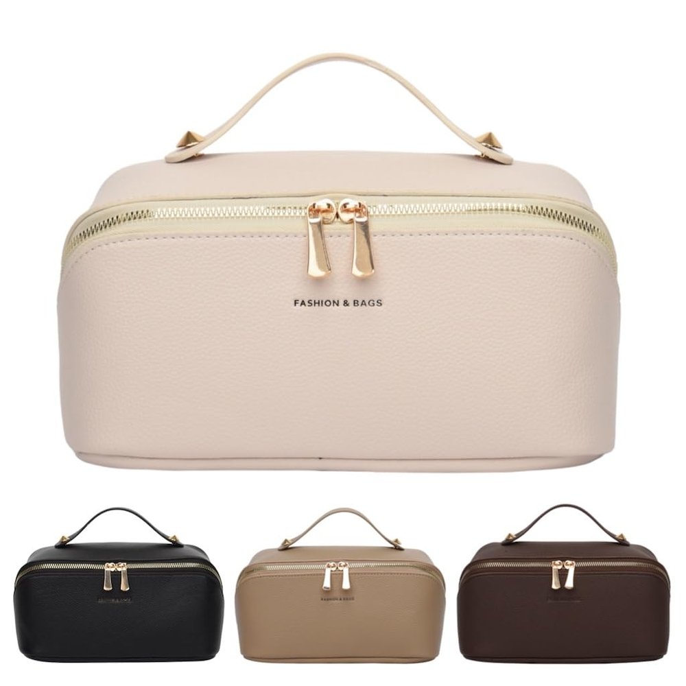 BIVIZKU Large Capacity Checkered Makeup Bags Portable Travel Cosmetic Bags Open-Flat Toiletry Bag for Women Girls Make Up Organizer with Divider Pouch Zipper Bag (C-White)