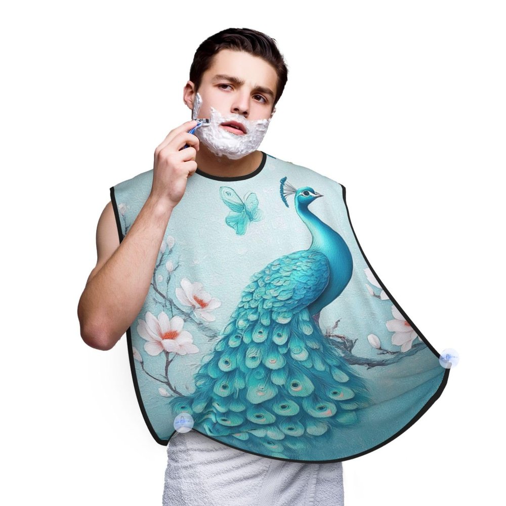 UTRSIFB Beard Trimming Hair Catcher Blue Peacock and White Flowers, Non-Stick Bib Apron, Waterproof, Great for Men's Shaving & Grooming