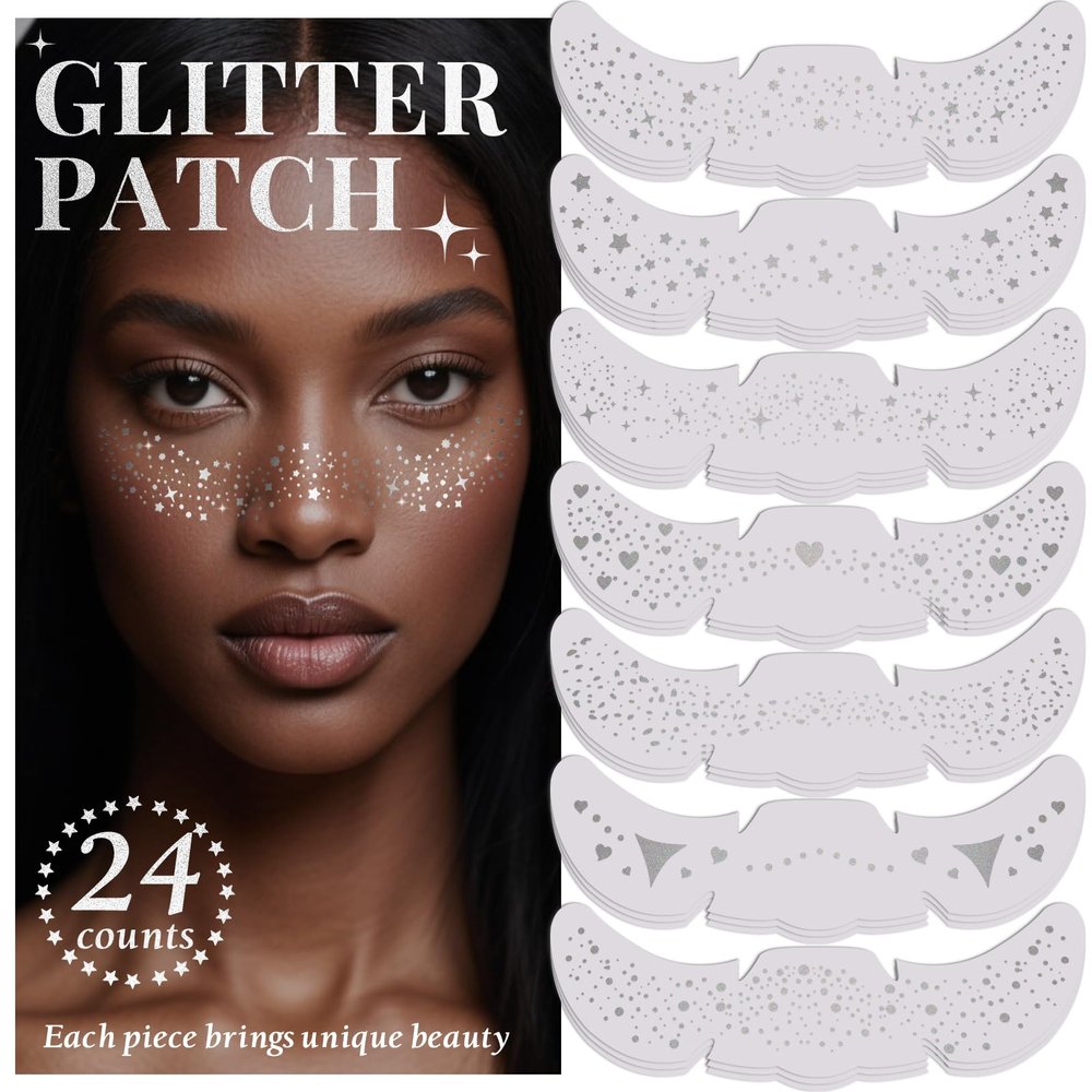 24pcs Glitter Freckles Makeup Patches-Silvery-Face Glitter Speckle, Sparkle Speckles Patches for Women, Cute Fake Freckles, Glitter Freckle Face Tattoo, Accessories for Musical Festival