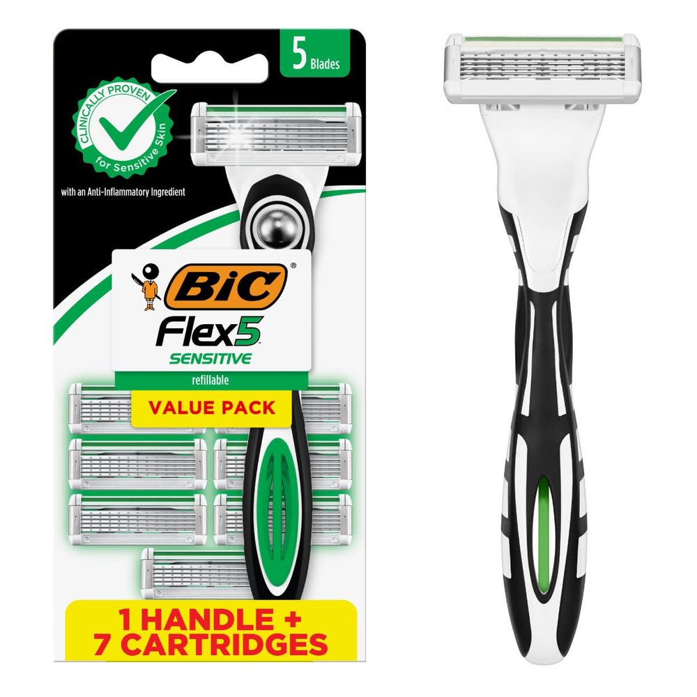 BIC Flex 5 Sensitive Mens Refillable 5-Blade Razors, 1 Handle, 7 Refills