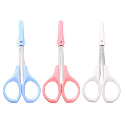 DEARMAMY 3pcs Stainless Steel Eyelash Scissors Portable Beauty Tools for Eyebrow Eyelash and Nose Hair Grooming Includes Pink Curved White Straight and Blue Rounded Scissors for Home and