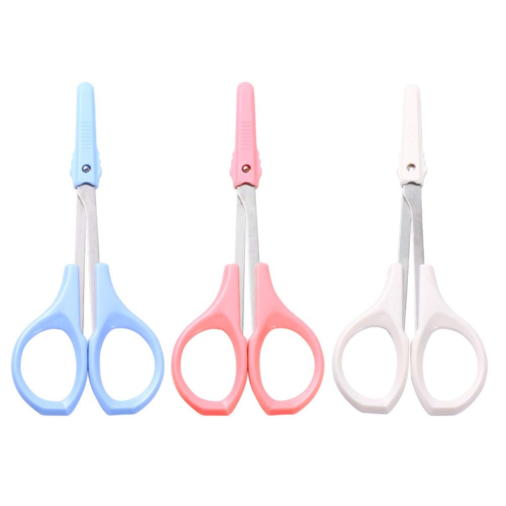 DEARMAMY 3pcs Stainless Steel Eyelash Scissors Portable Beauty Tools for Eyebrow Eyelash and Nose Hair Grooming Includes Pink Curved White Straight and Blue Rounded Scissors for Home and