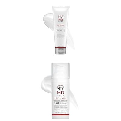 Bundle of EltaMD UV Sport SPF 50 Body Sunscreen 8oz, Water, Sweat Resistant, Oil-Free + EltaMD UV Clear SPF 46 Face Sunscreen 1.7oz Oil-Free, for Acne-Prone Sensitive Skin