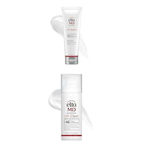 Bundle of EltaMD UV Sport SPF 50 Body Sunscreen 8oz, Water, Sweat Resistant, Oil-Free + EltaMD UV Clear SPF 46 Face Sunscreen 1.7oz Oil-Free, for Acne-Prone Sensitive Skin