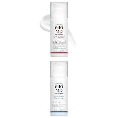 Bundle: EltaMD UV Clear SPF 46 Face Sunscreen 1.7oz, Oil-Free, Acne-Prone Skin + EltaMD PM Restore Moisturizer 1.7oz, Night Cream, All Skin Types