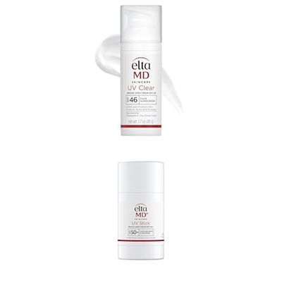 Bundle of EltaMD UV Clear SPF 46 Face Sunscreen 1.7oz Oil-free, Acne-Prone Skin) + EltaMD UV Stick SPF 50+ 1.3oz Mineral Sunscreen for Face/Body, Kids & Adults, Sensitive Skin)