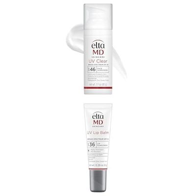 Bundle of EltaMD UV Clear SPF 46 Face Sunscreen 1.7oz Oil-free, for Acne-Prone Skin + EltaMD UV Lip Balm SPF 30+ 0.28oz Protects Dry Lips, Transparent Zinc Oxide
