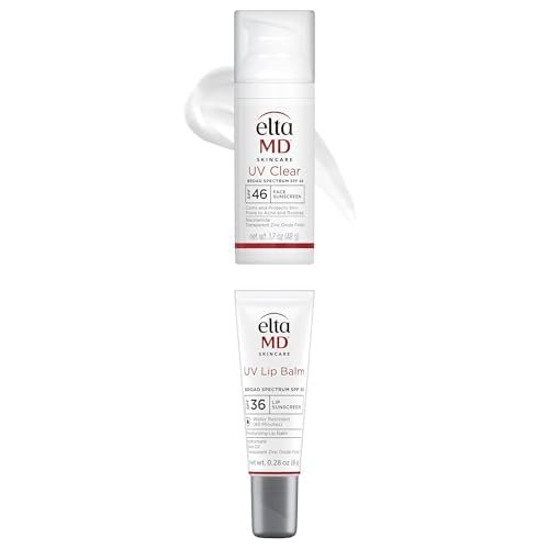 Bundle of EltaMD UV Clear SPF 46 Face Sunscreen 1.7oz Oil-free, for Acne-Prone Skin + EltaMD UV Lip Balm SPF 30+ 0.28oz Protects Dry Lips, Transparent Zinc Oxide