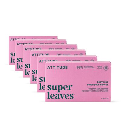 ATTITUDE Body Soap Bar, Natural Origin, Protects and Softens Dry Skin, Watercress, Indian Cress & Olive Oil, EWG Verified & Vegan, Coconut & Wild Berries, 4 Oz (Pack of 6)