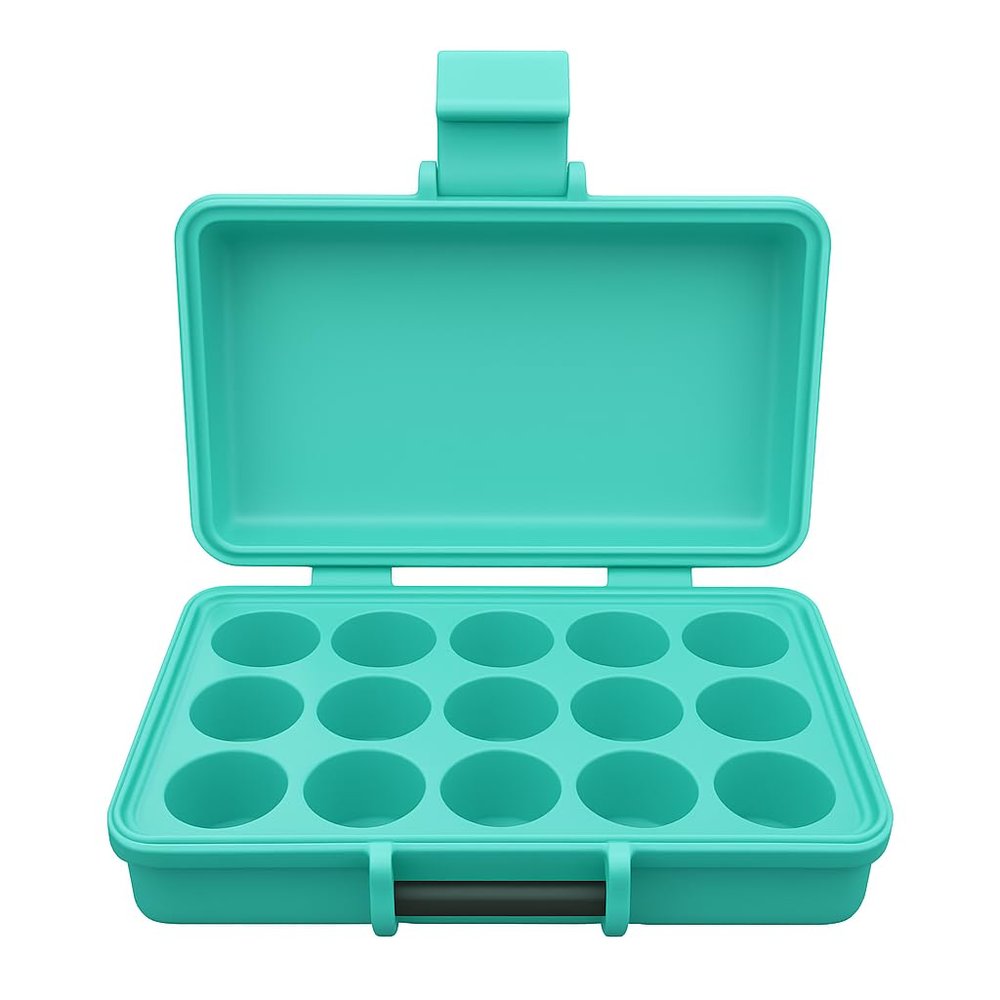 Planitia Corp. 3D Printed Vial Storage Case - Waterproof 3ml Vial Storage Case with 15 Slots - Freezer Safe Hard Shell Essential Oil Case for Home, Fridge, Travel, 16mm Max Diameter, 35mm Max Height