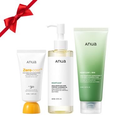 Anua After sun care trio set, Heartleaf Cleansing Foam+ Zero-Cast Moisturizing Finish Sunscreen, Heartleaf Pore Control Cleansing Oil, Face wash, Oil Cleanser, Facial sunscreen, Korean skincare set