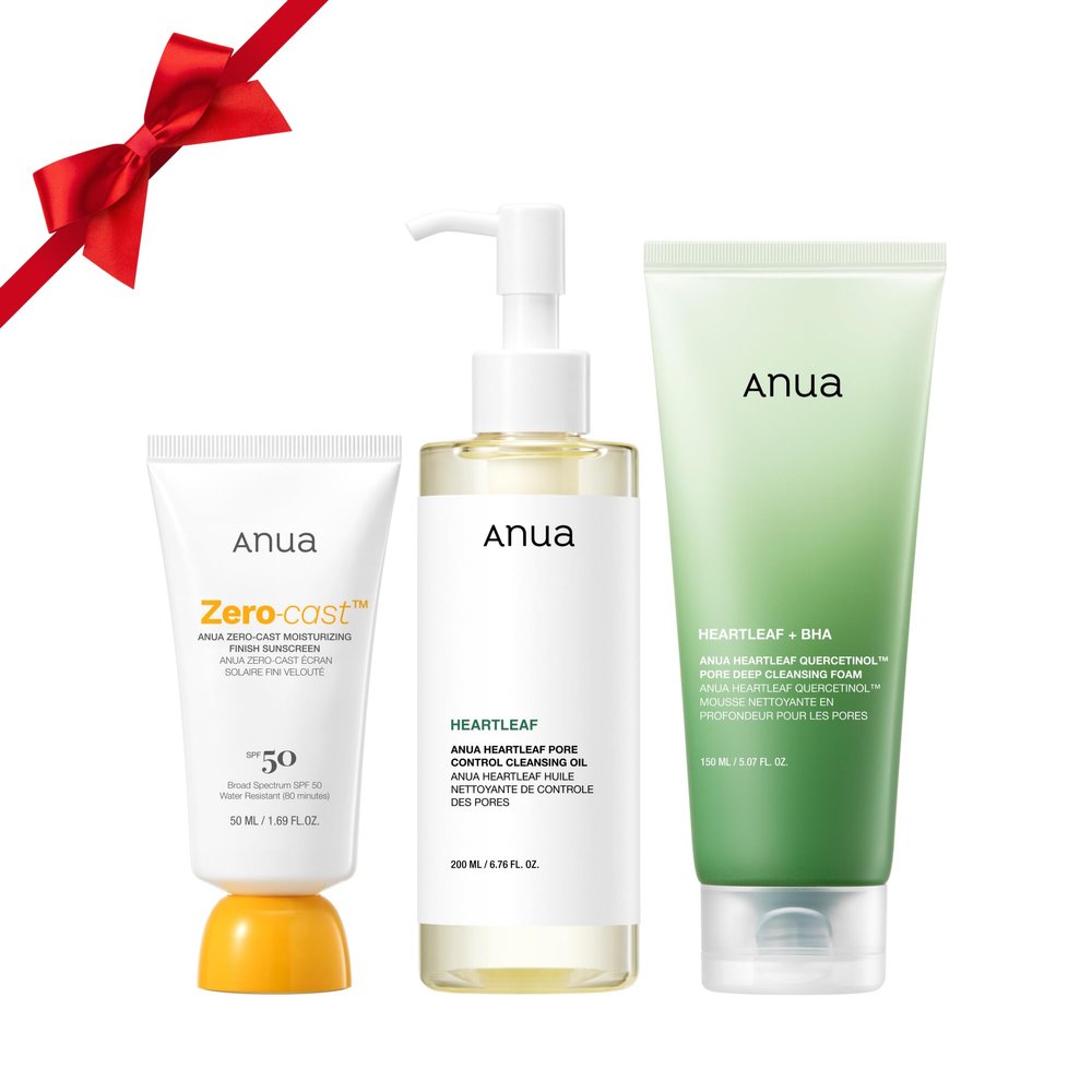 Anua After sun care trio set, Heartleaf Cleansing Foam+ Zero-Cast Moisturizing Finish Sunscreen, Heartleaf Pore Control Cleansing Oil, Face wash, Oil Cleanser, Facial sunscreen, Korean skincare set