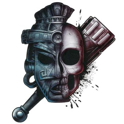 #034Black Grey Red#034 Temporary Tattoo Aztec Warrior Skull Amp Macuahuitl Sword Club