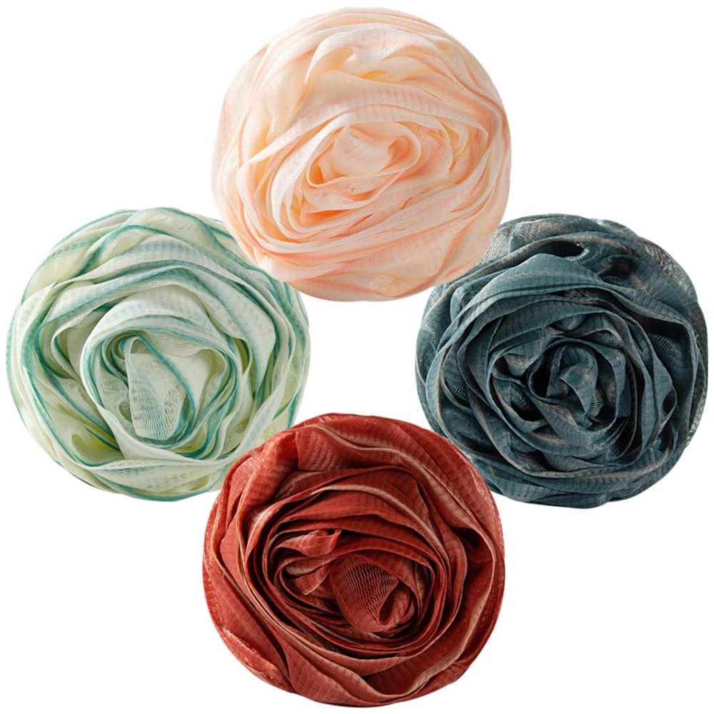 EXQUIMEUBLE Rose Shower Puff Bathing Balls 4pcs Exfoliating Bath Loofahs for Women Soft Mesh Body Scrubber for Relaxing Bathing Experience