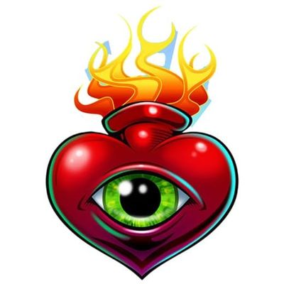 #034Laser#034 Temporary Tattoo Sacred Heart W/Eye Amp Flames Shiny Laser Foil