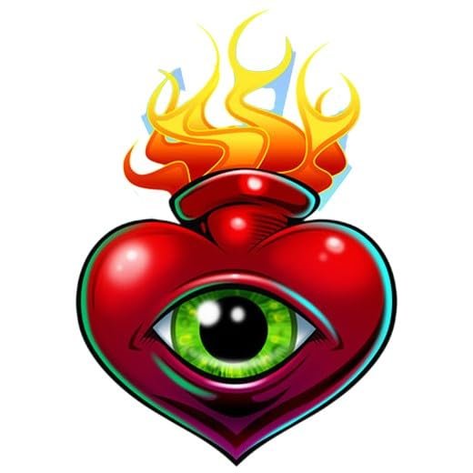 #034Laser#034 Temporary Tattoo Sacred Heart W/Eye Amp Flames Shiny Laser Foil