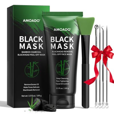 AMOADO Blackhead Remover Mask, Charcoal Peel Off Face Mask Kit, (100g) Deep Pore Cleans,Oil Control, Blackheads Removal Peel Off Black Mask for Men & Women  Includes Brush,Extractor Tool
