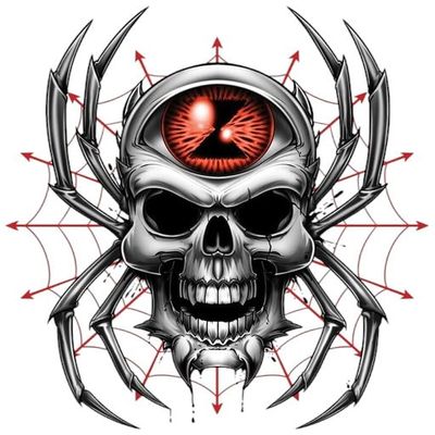 #034Bgr#034 Temporary Tattoo Evil Skull Spider W/Red Hourglass Eyeball On Web