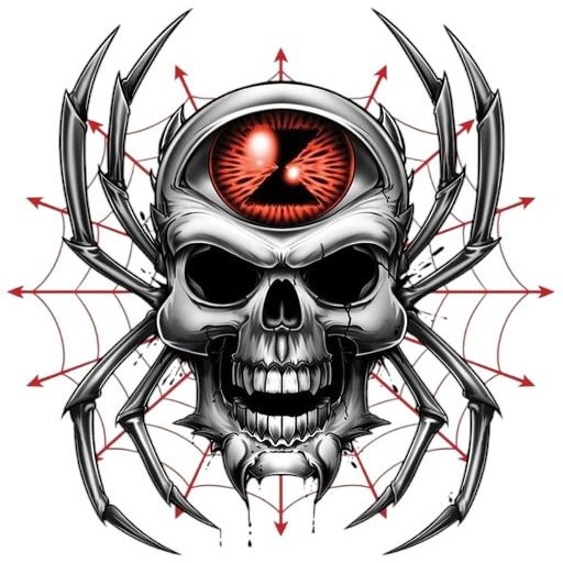 #034Bgr#034 Temporary Tattoo Evil Skull Spider W/Red Hourglass Eyeball On Web