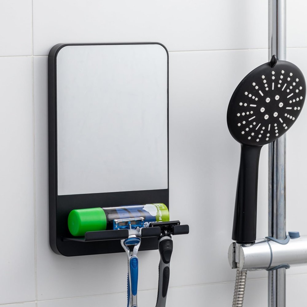 TAILI Shower Mirror Fogless Suction, Shaving Mirror with Razor Holder, Fog Free with Storage Tray, Rust-Proof, Shatterproof, Removable, Bathroom & Shower Accessories, Black