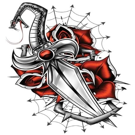 #034Bgr#034 Temporary Tattoo Snake Dagger With Red Roses On Spider Web Usa Made