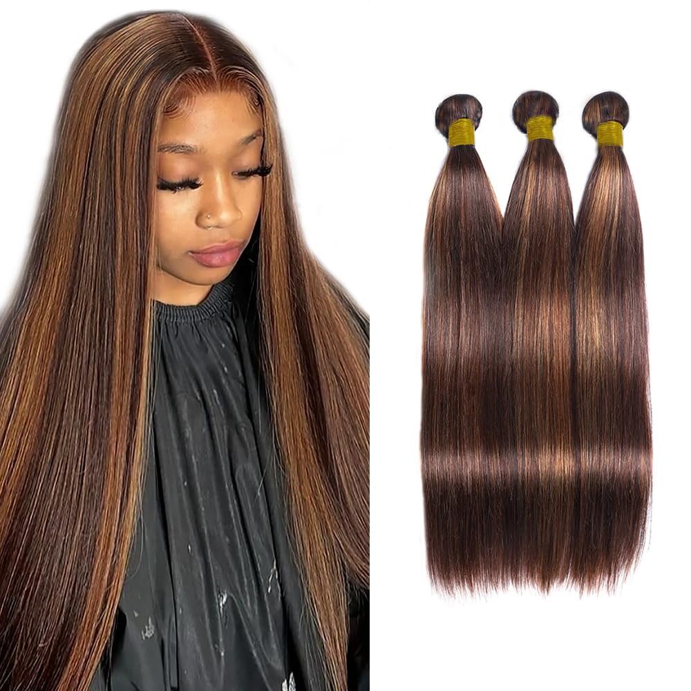 Fb30 Highlight Straight Human Hair Bundles Ombre Brown Bundle 22 24 26 Inch Soft And Healthy Light Brown Bundles With Highlights Human Hair Brazilian Remy Hair Extensions