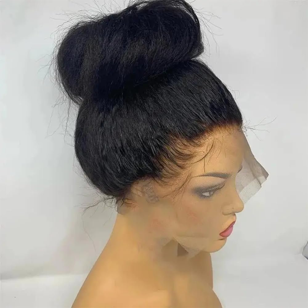 360 Full Lace Wig 100% Human Hair Wigs Long Soft Glueless Wigs Pre Plucked Black Yaki Kinky Straight Hair HD 360 Full Lace Wig For Women Natural Hairline With Baby Hair 150% Density 16 Inch
