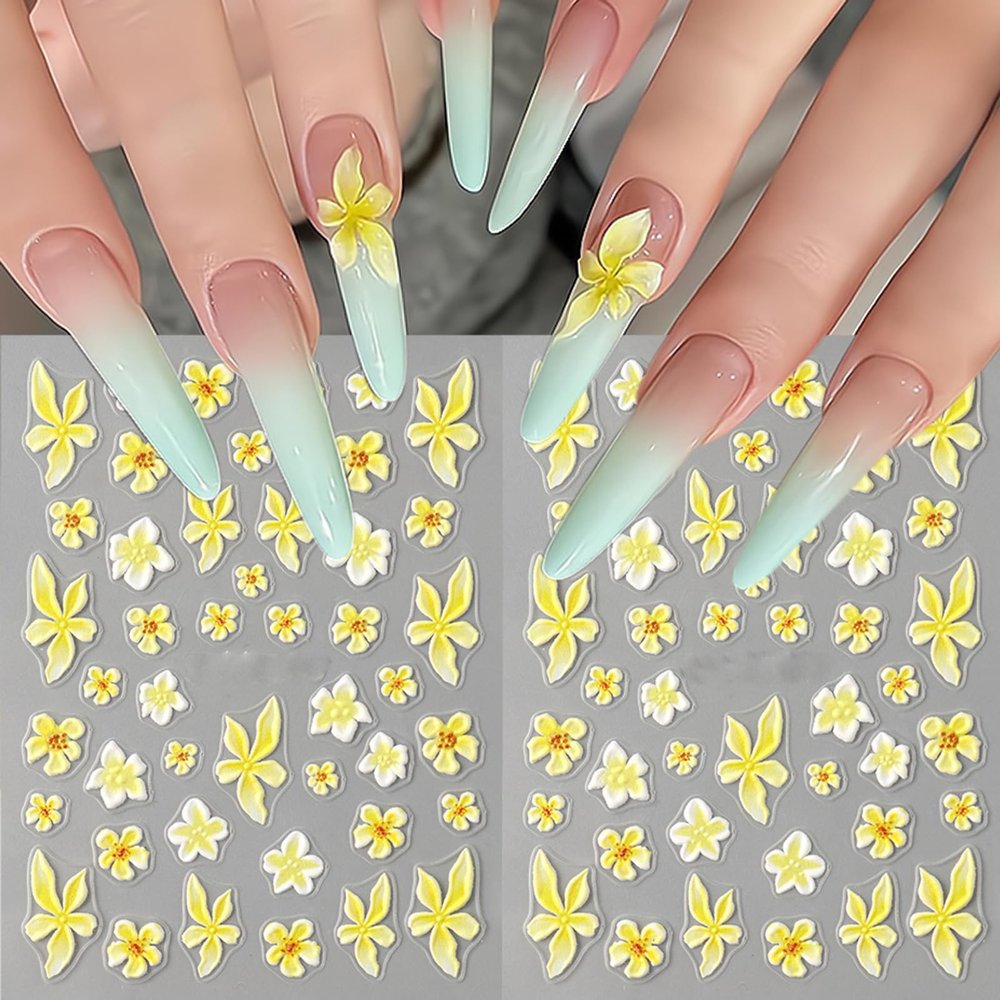 2 Sheets Flower Nail Stickers Yellow Lily Floral Nail Art Decals 3D Self-Adhesive Nail Design Stickers for Women DIY Spring Manicure Supplies Acrylic Nails Decoration