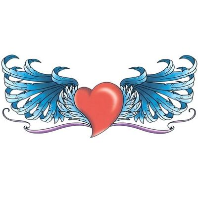 #034Lower Back#034 Temporary Tattoo Red Heart W/Blue Wings Usa Made