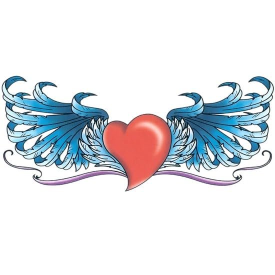 #034Lower Back#034 Temporary Tattoo Red Heart W/Blue Wings Usa Made