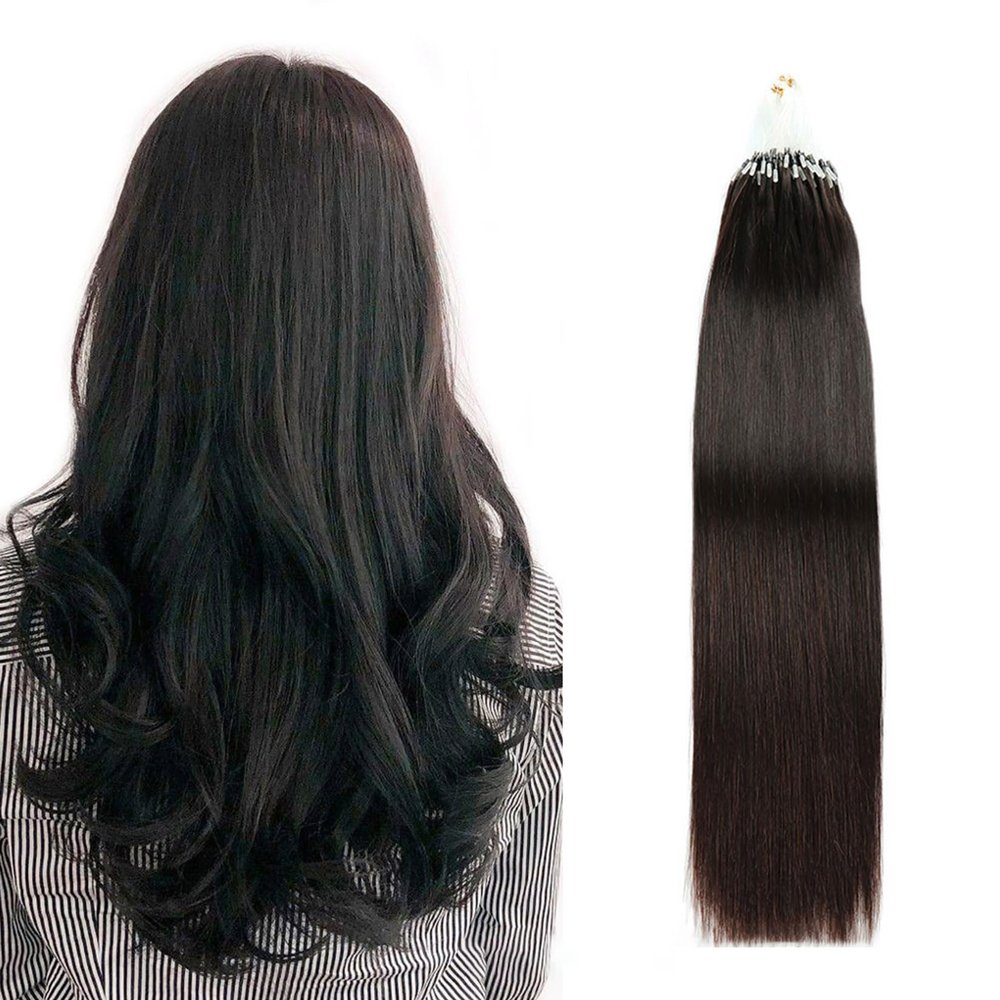 Micro Loop Hair Extensions Natural Black Soft Silky Straight Real Hair Micro Ring Human Hair Extensions Fish Line Micro Bead Hair Extension 50G 100 Strands,16inch