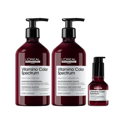 L'Oral Professionnel Paris Vitamino Color Spectrum Shampoo, Deep Conditioner & Glass Shine Serum Set - Maintains Day 1 Color Vibrancy, Provides Ultra High Glass Shine For All Colored Hair