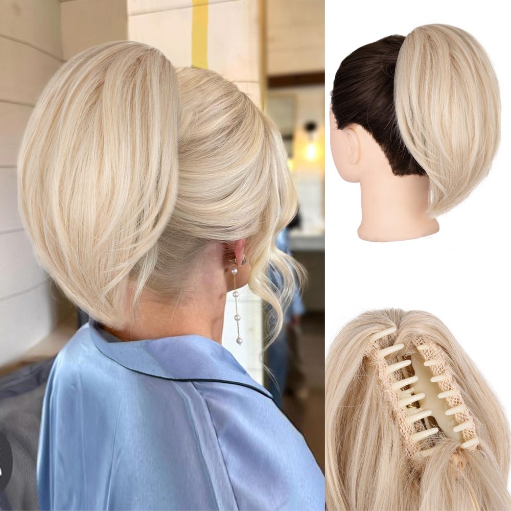 ZQIAN BEAUTY 10 Inch Short Ponytail Extension - Clip in Ponytail Hair Extensions, Straight Pony Tails Hair Extensions, Synthetic Claw Clip Ponytail Extension for Women (Color: Light Blonde)