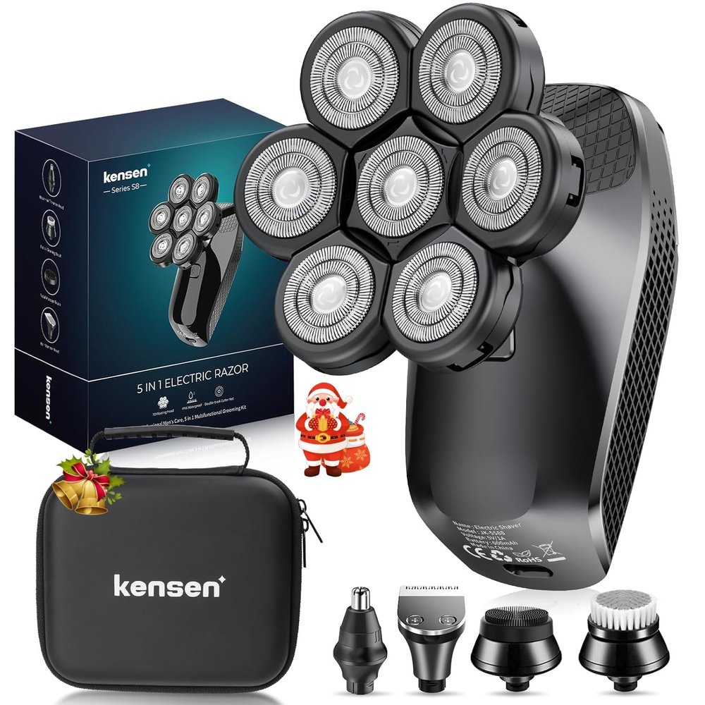 7D Head Shavers for Bald Men - 5 in 1 Bald Head Shavers for Men, Christmas Gift Body Shaver for Mens Nose Hair & Beard Trimmer IPX6 Waterproof LED Display with Travel Case Cordless Head Razor (Black)