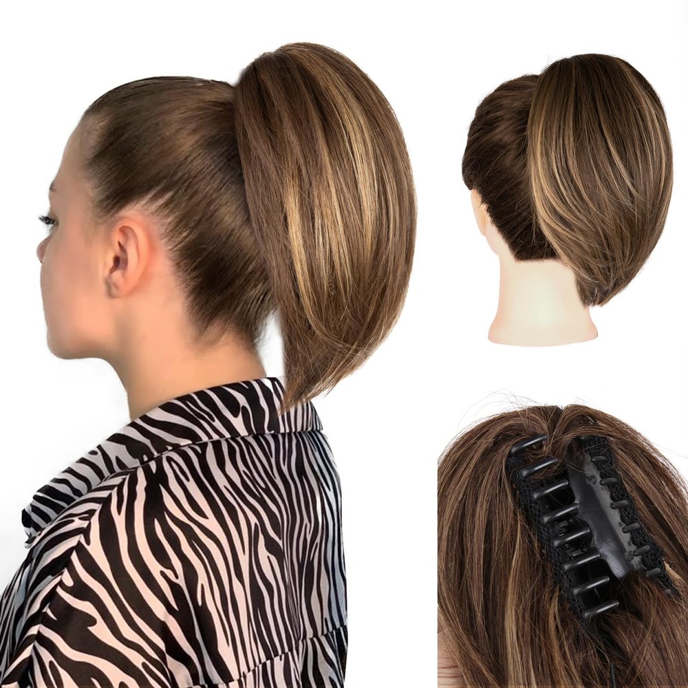 10 Inch Ponytail Extension - Straight Pony Tails Hair Extensions, Claw Clip Ponytail Extension, Synthetic Hair Extensions Ponytail, Clip in Ponytail (Color: Chestnut Brown With Golden Highlights)