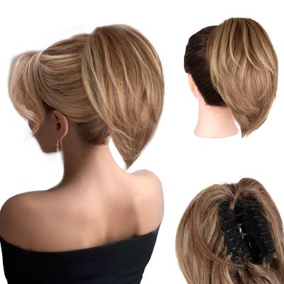 10 Inch Short Ponytail Extension - Clip in Ponytail Hair Extensions, Straight Pony Tails Hair Extensions, Synthetic Claw Clip Ponytail Extension for Women (Color: Light Brown Mixed Blonde)