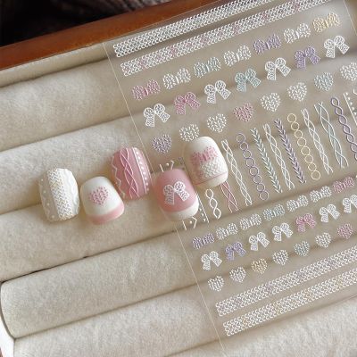 1 Sheet Pink Bow Nail Art Sticker Line Design Nail Decals 5D Embossed Self-Adhesive Nail Stickers for Women DIY Spring Multi-Color Manicure Accessories Acrylic Nail Decoration