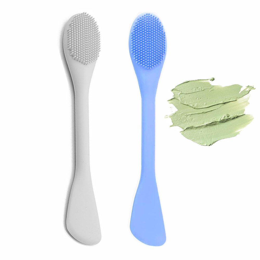2 in 1 Facial Cleansing Brush&Silicone Face Mask Applicator, 2PCS Face Mask Brush Face Scrubber for Exfoliating, Massaging, Remove Blackheads, Applicator for Mud, Body Lotion, DIY Mask, Blue & Grey