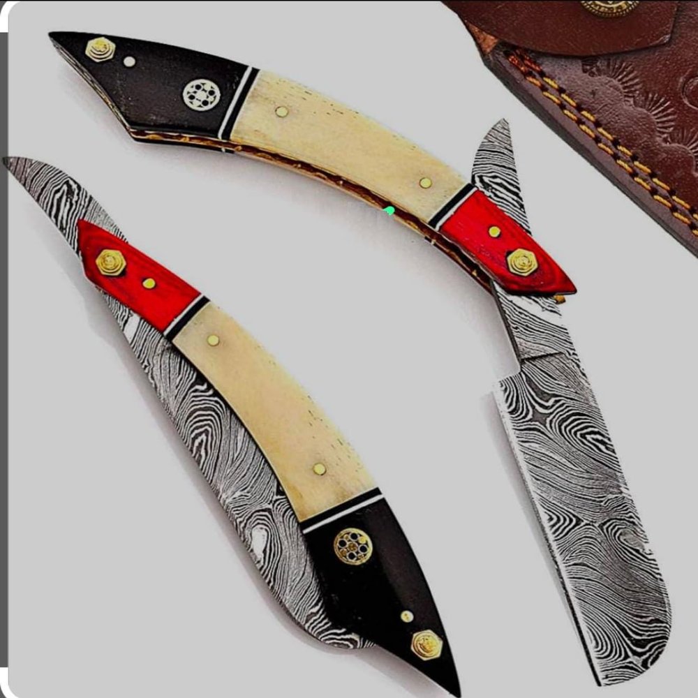 QURESHI KNIFES - Professional Straight Razor with Leather Strop - Straight Edge Barber Razor Premium for Men & Women Stylish (Damascus Steel Blade) (Red, White & Black)